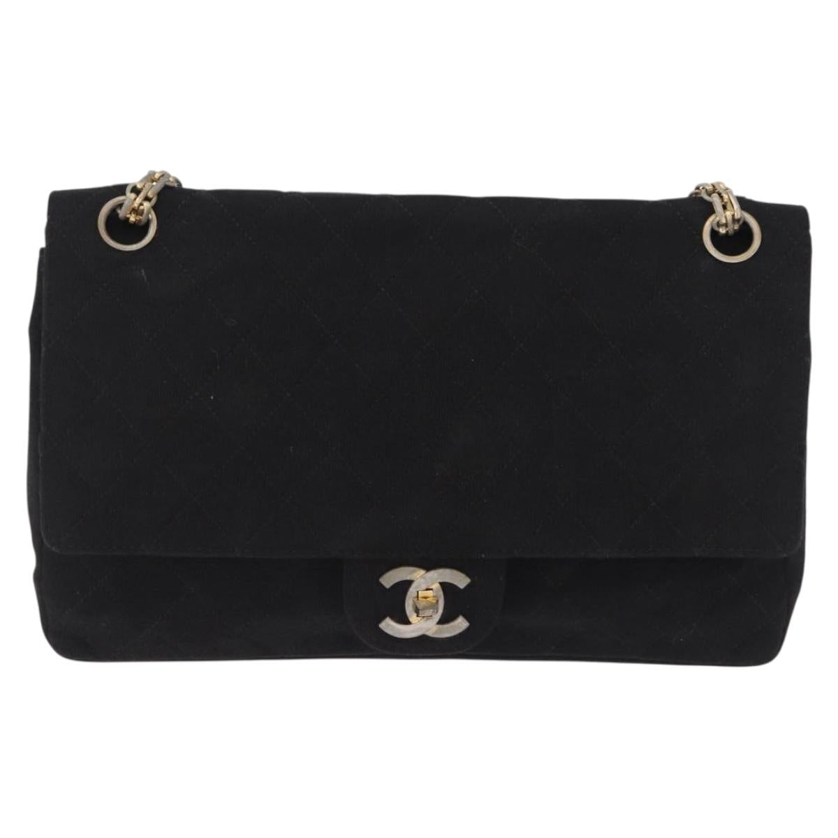 CHANEL Matelasse Chain Shoulder Bag Cotton Black Gold CC Auth bs36504