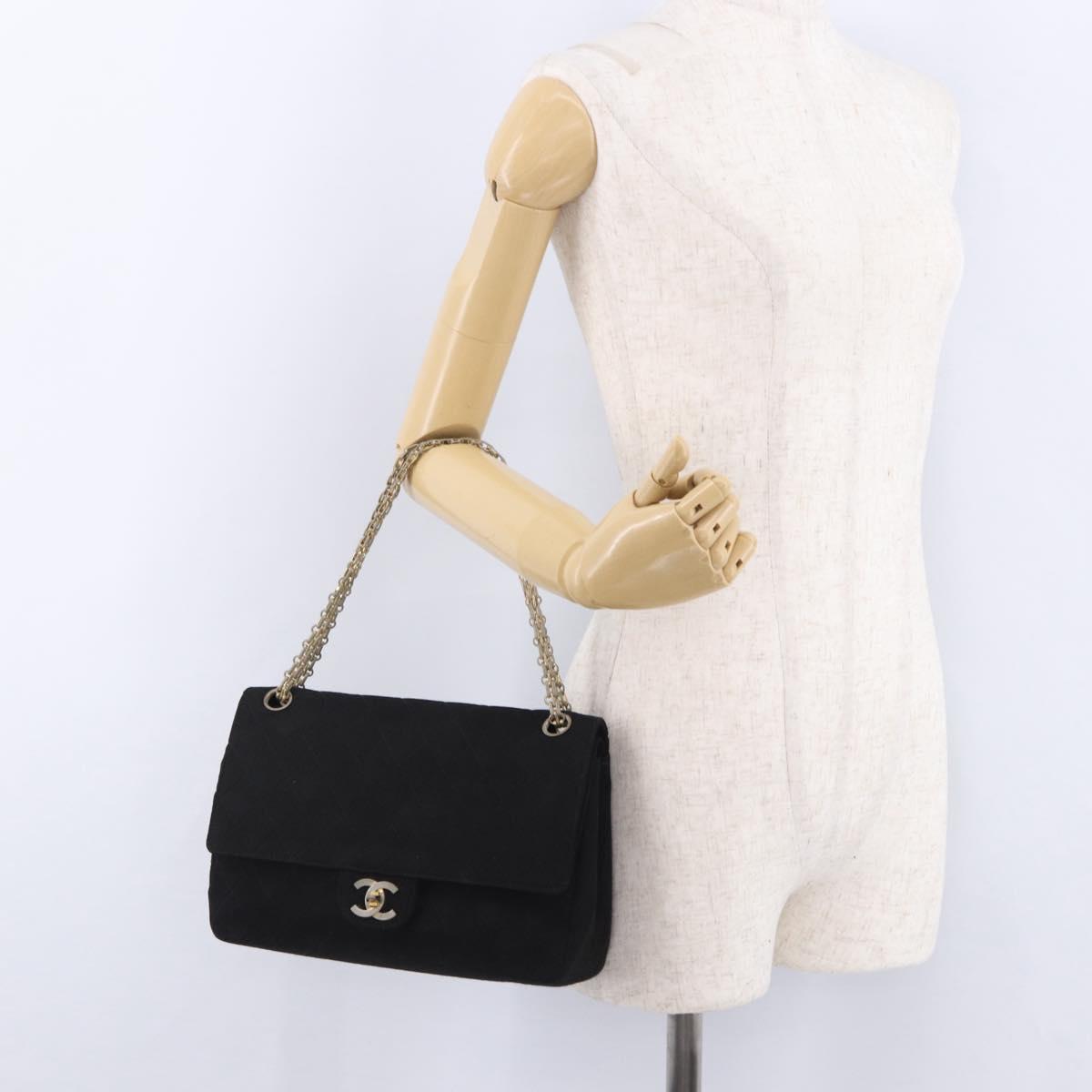 CHANEL Matelasse Chain Shoulder Bag Cotton Black Gold CC Auth bs36504