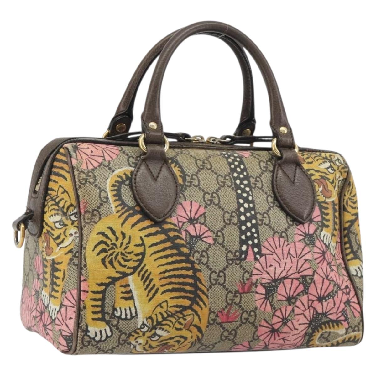 GUCCI GG Supreme Hand Bag PVC Leather Beige Gold Tone 409529 Auth bs36521