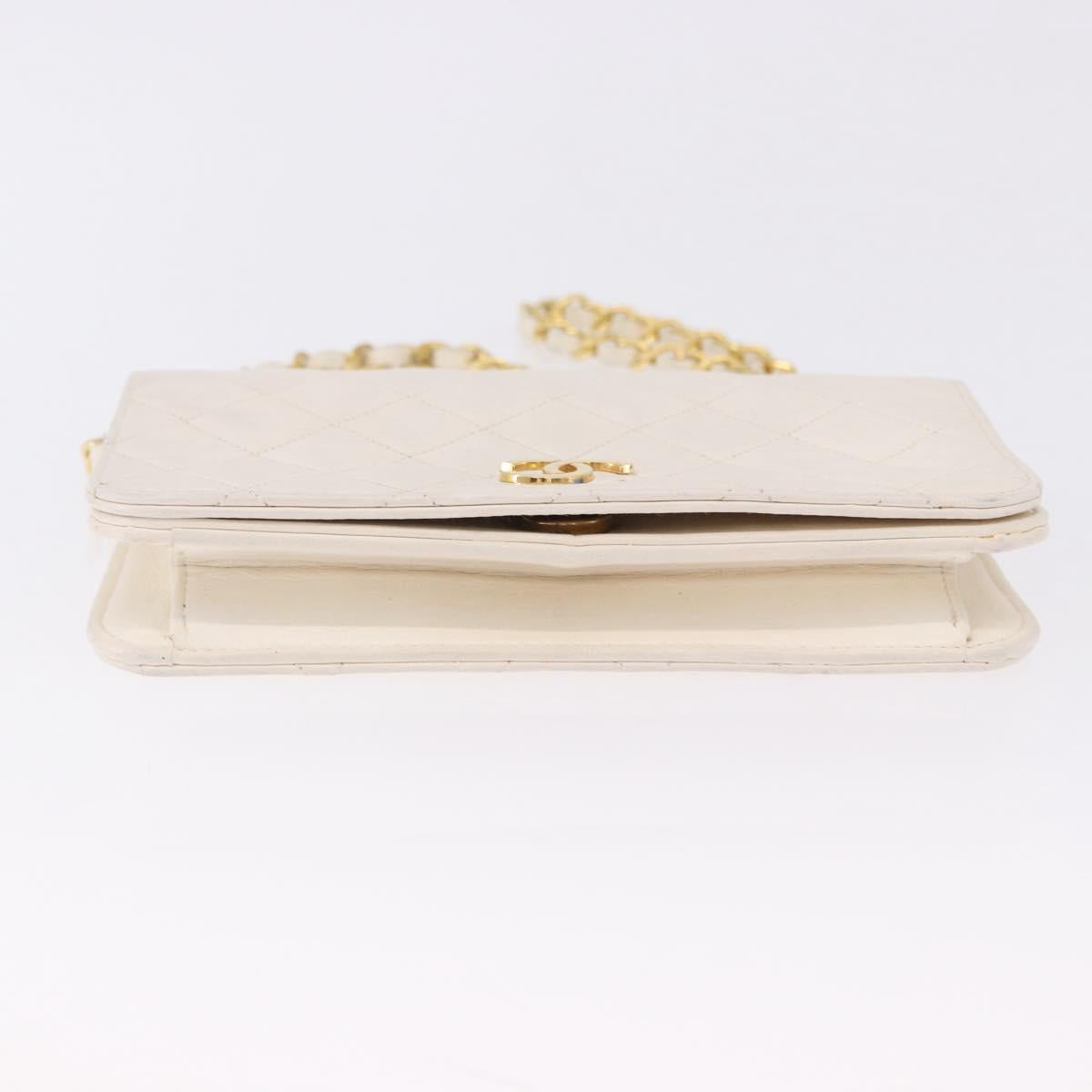 CHANEL Matelasse Chain Shoulder Bag Lamb Skin White Gold CC Auth bs36522