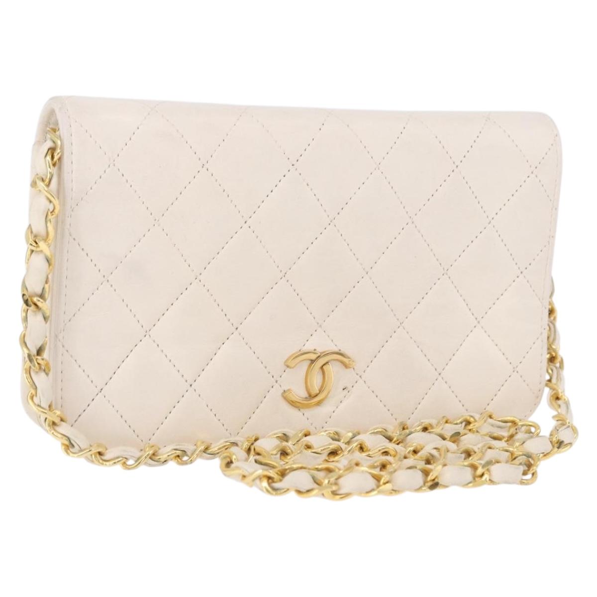 CHANEL Matelasse Chain Shoulder Bag Lamb Skin White Gold CC Auth bs36522