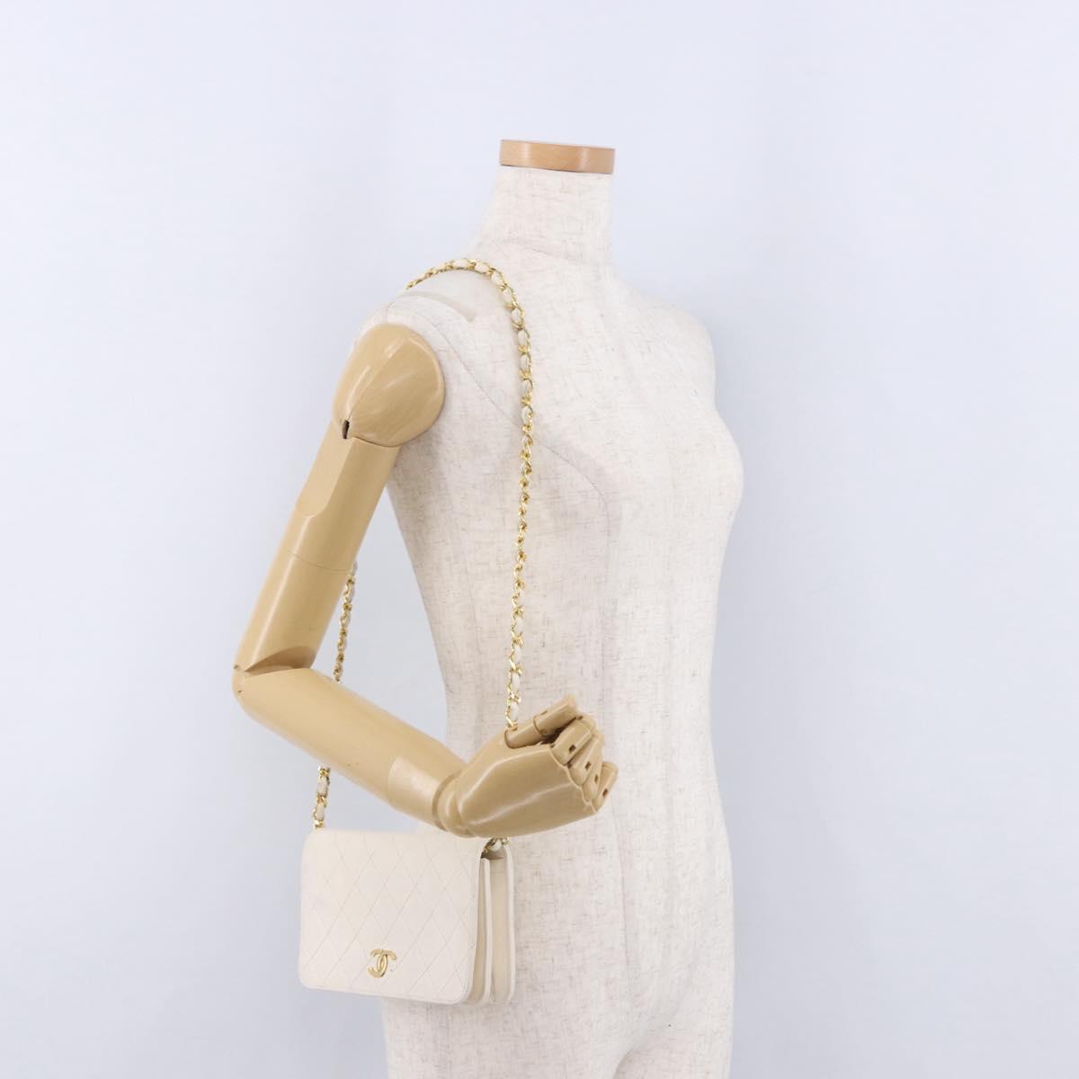 CHANEL Matelasse Chain Shoulder Bag Lamb Skin White Gold CC Auth bs36522