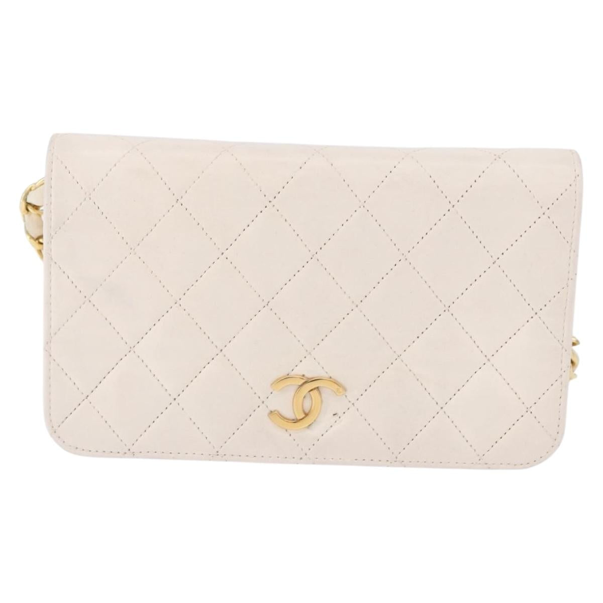 CHANEL Matelasse Chain Shoulder Bag Lamb Skin White Gold CC Auth bs36522