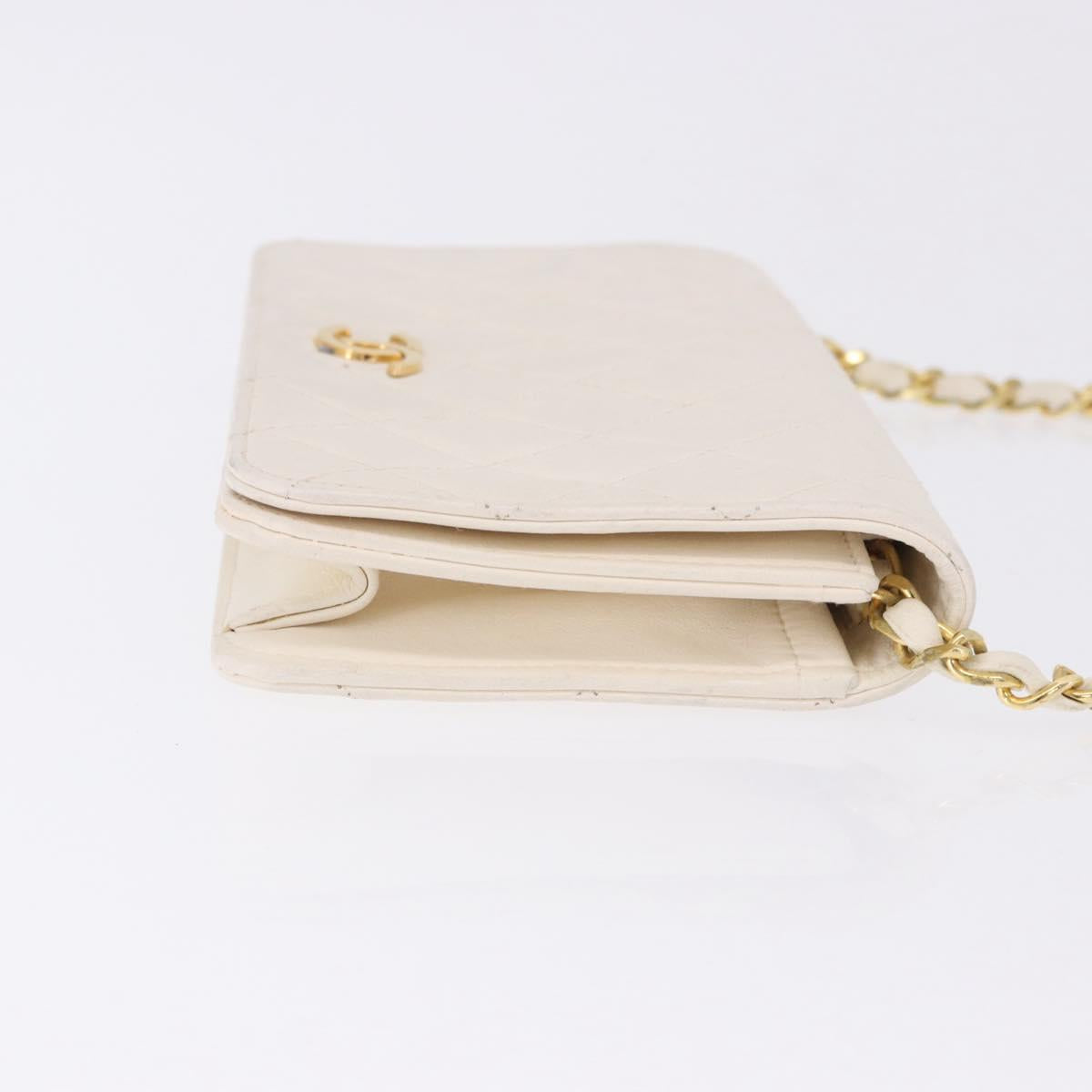 CHANEL Matelasse Chain Shoulder Bag Lamb Skin White Gold CC Auth bs36522