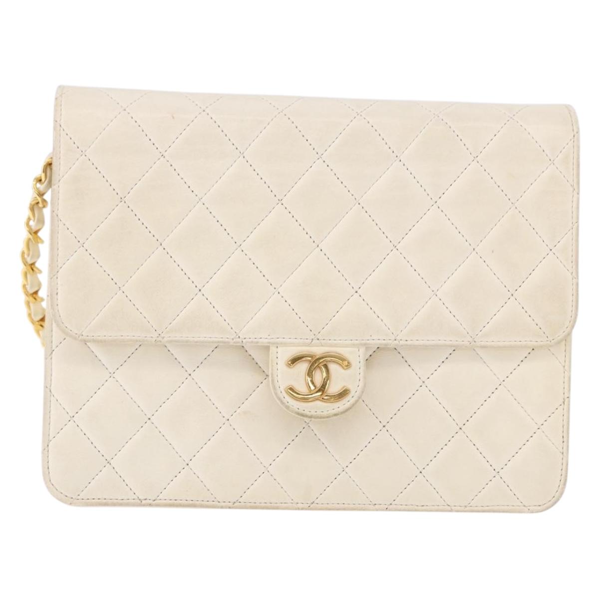 CHANEL Matelasse Chain Shoulder Bag Lamb Skin White Gold CC Auth bs36523