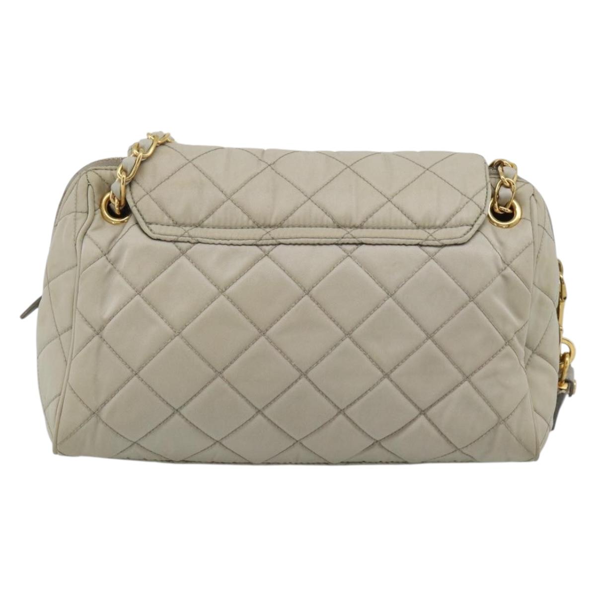 PRADA Chain Shoulder Bag Nylon Beige Gold Auth bs36530