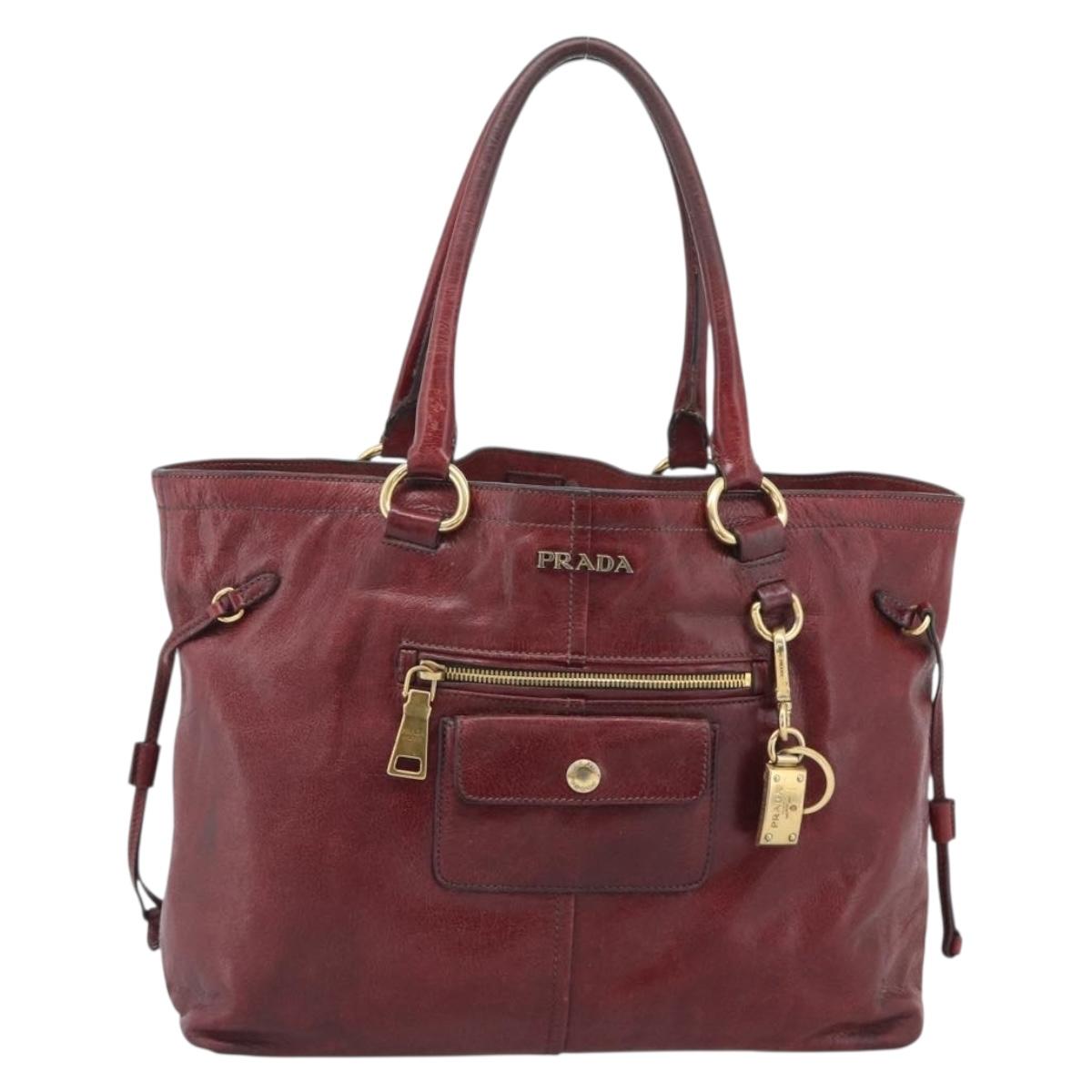 PRADA Hand Bag Leather Red Gold Auth bs36531