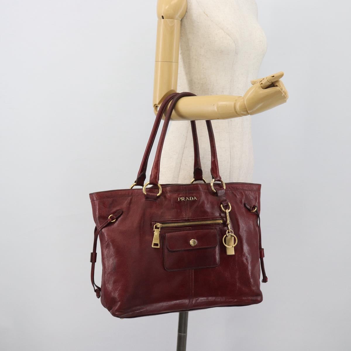 PRADA Hand Bag Leather Red Gold Auth bs36531