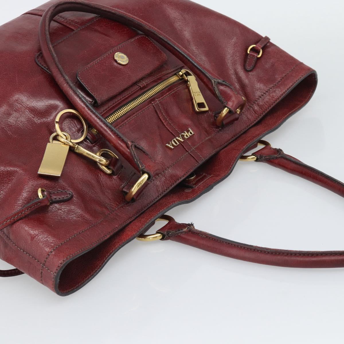 PRADA Hand Bag Leather Red Gold Auth bs36531