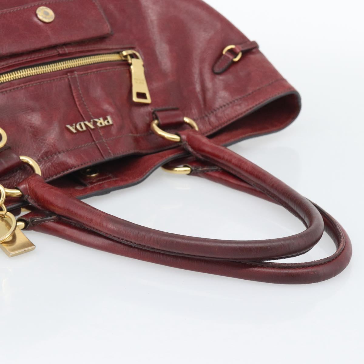 PRADA Hand Bag Leather Red Gold Auth bs36531