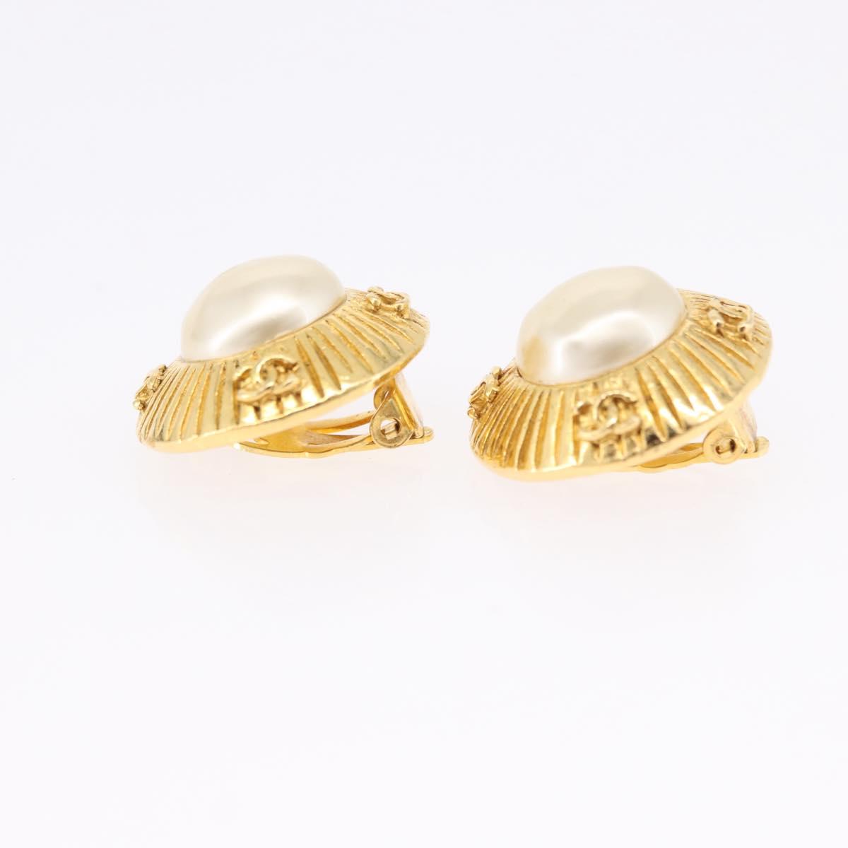 CHANEL Earring Metal Gold Tone White CC Auth bs36536