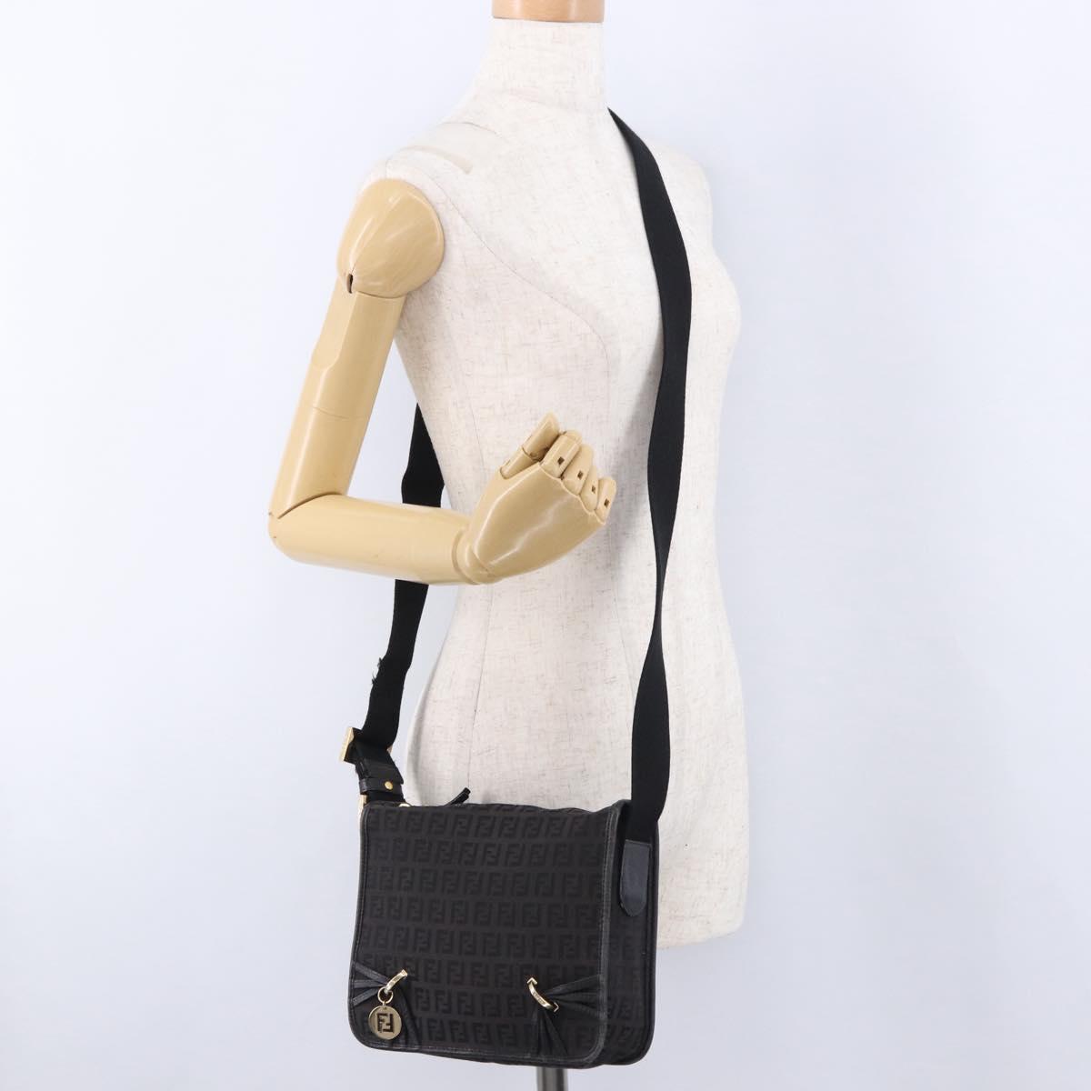 FENDI Zucchino Canvas Shoulder Bag Black Gold Auth bs36538