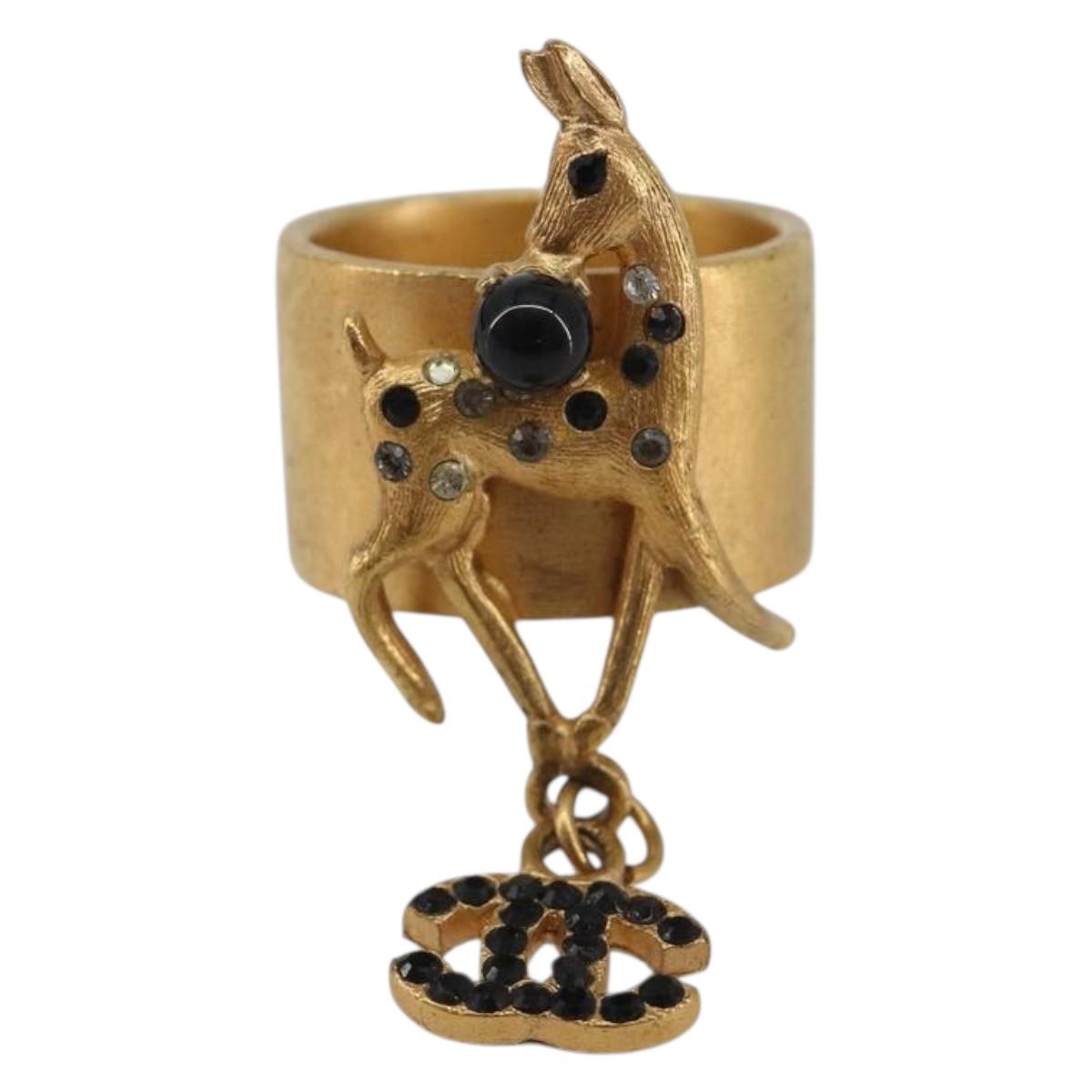 CHANEL Bambi Motif Ring Metal Gold Tone Black CC Auth bs36552