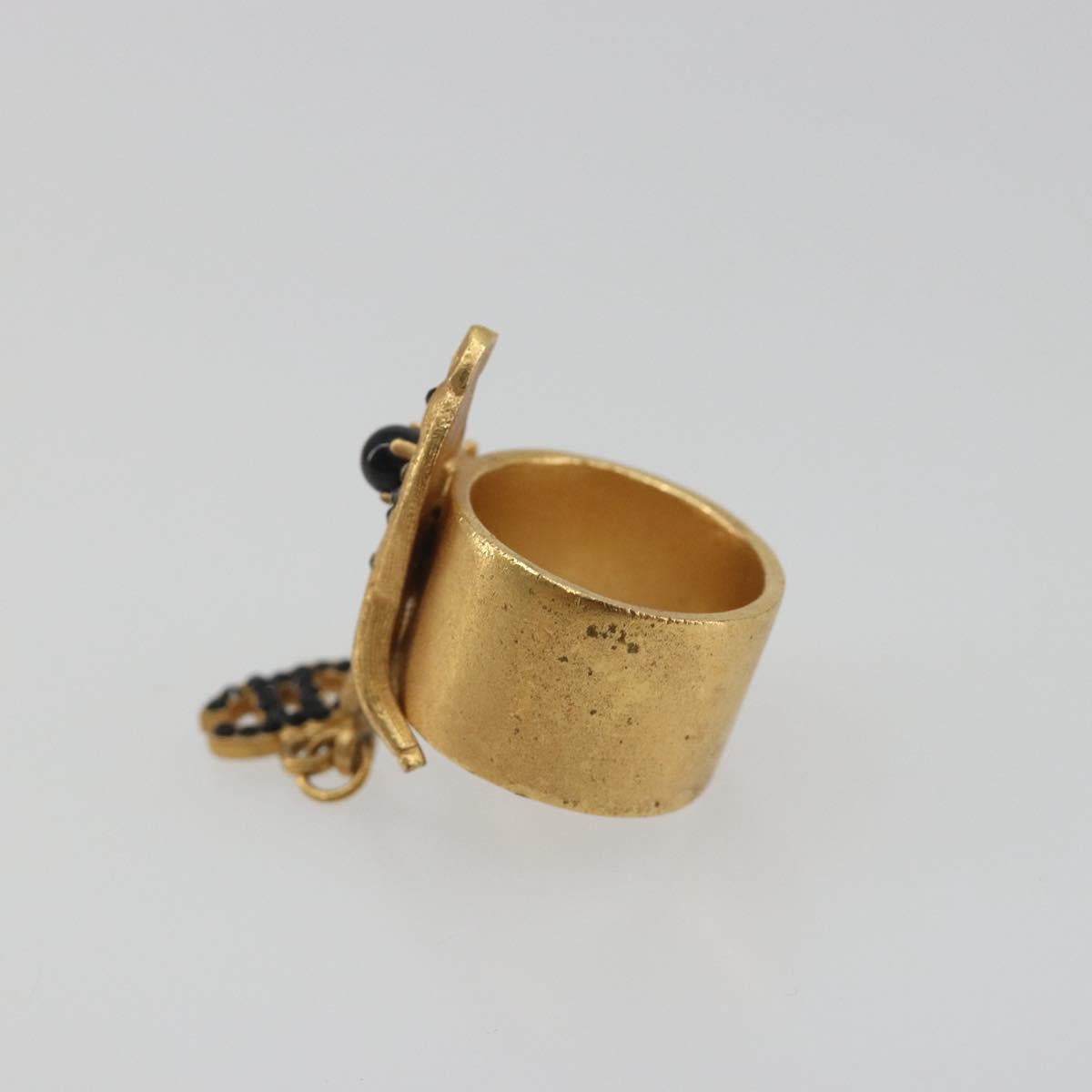 CHANEL Bambi Motif Ring Metal Gold Tone Black CC Auth bs36552