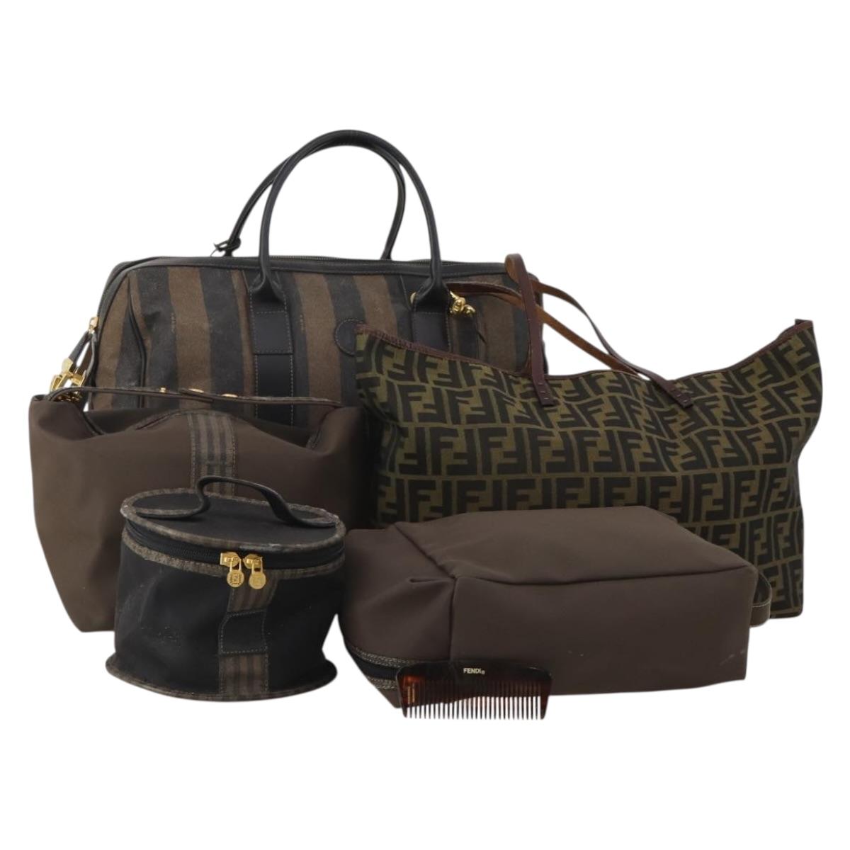 FENDI Pecan Canvas Zucca Canvas Hand Bag PVC 5 Set Brown Black Auth bs36555