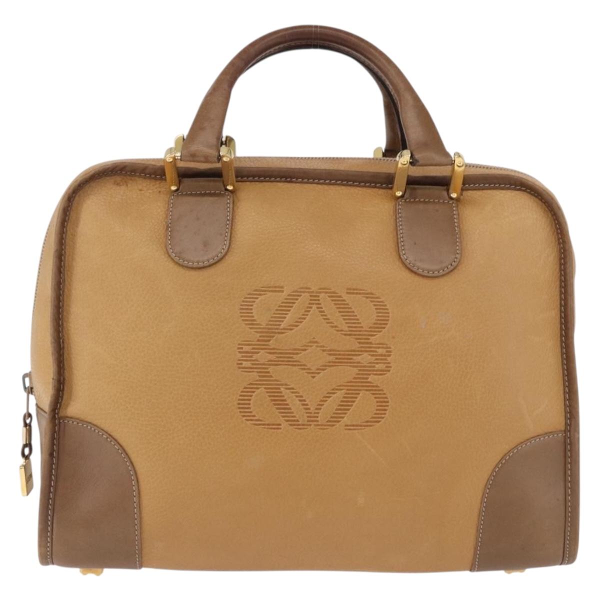 LOEWE Hand Bag Leather Beige Gold Auth bs36556