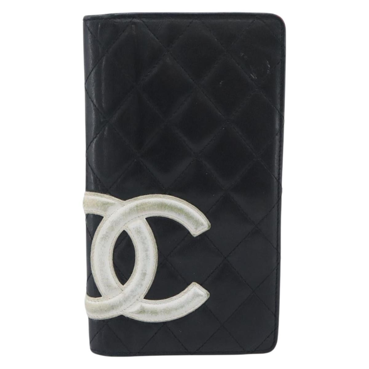 CHANEL Matelasse Cambon Line Long Wallet Leather Black Silver CC Auth bs36564