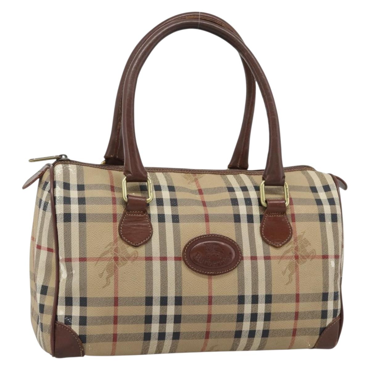 Burberrys Nova Check Hand Bag PVC Beige Gold Auth bs36592