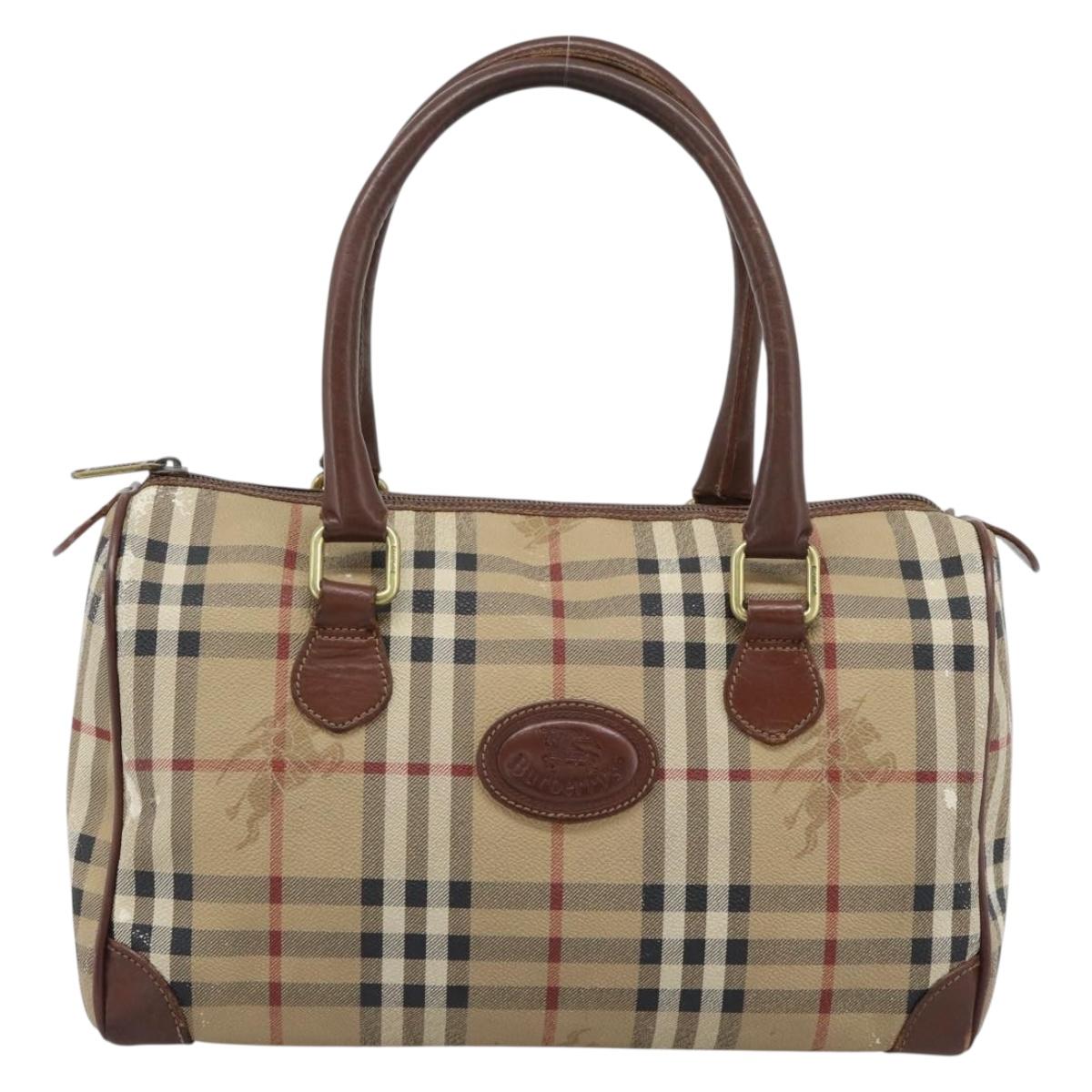 Burberrys Nova Check Hand Bag PVC Beige Gold Auth bs36592