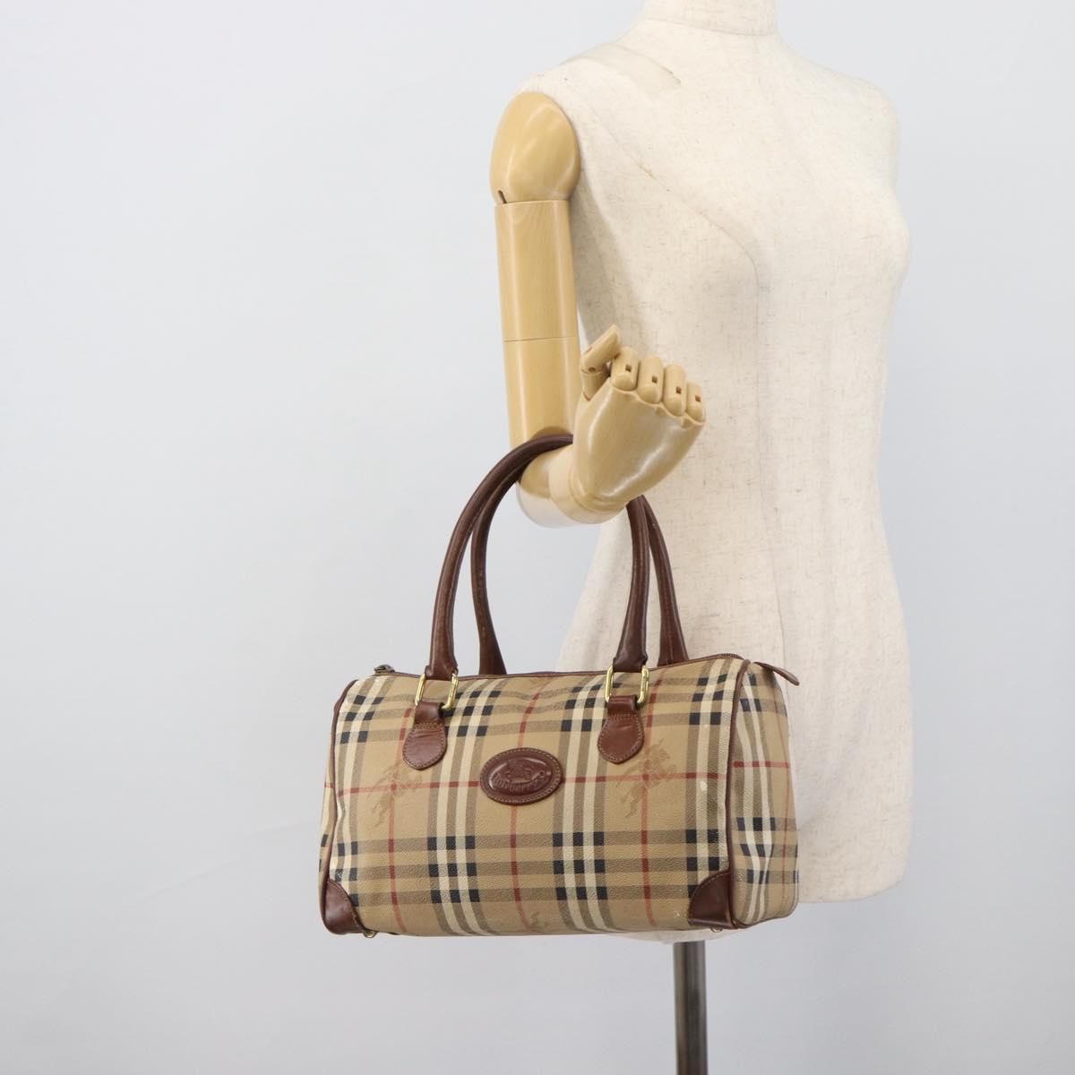 Burberrys Nova Check Hand Bag PVC Beige Gold Auth bs36592