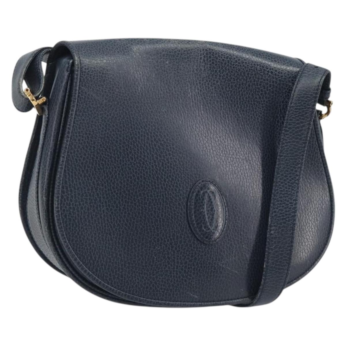 CARTIER Must Line Shoulder Bag Leather Blue Gold Auth bs36594