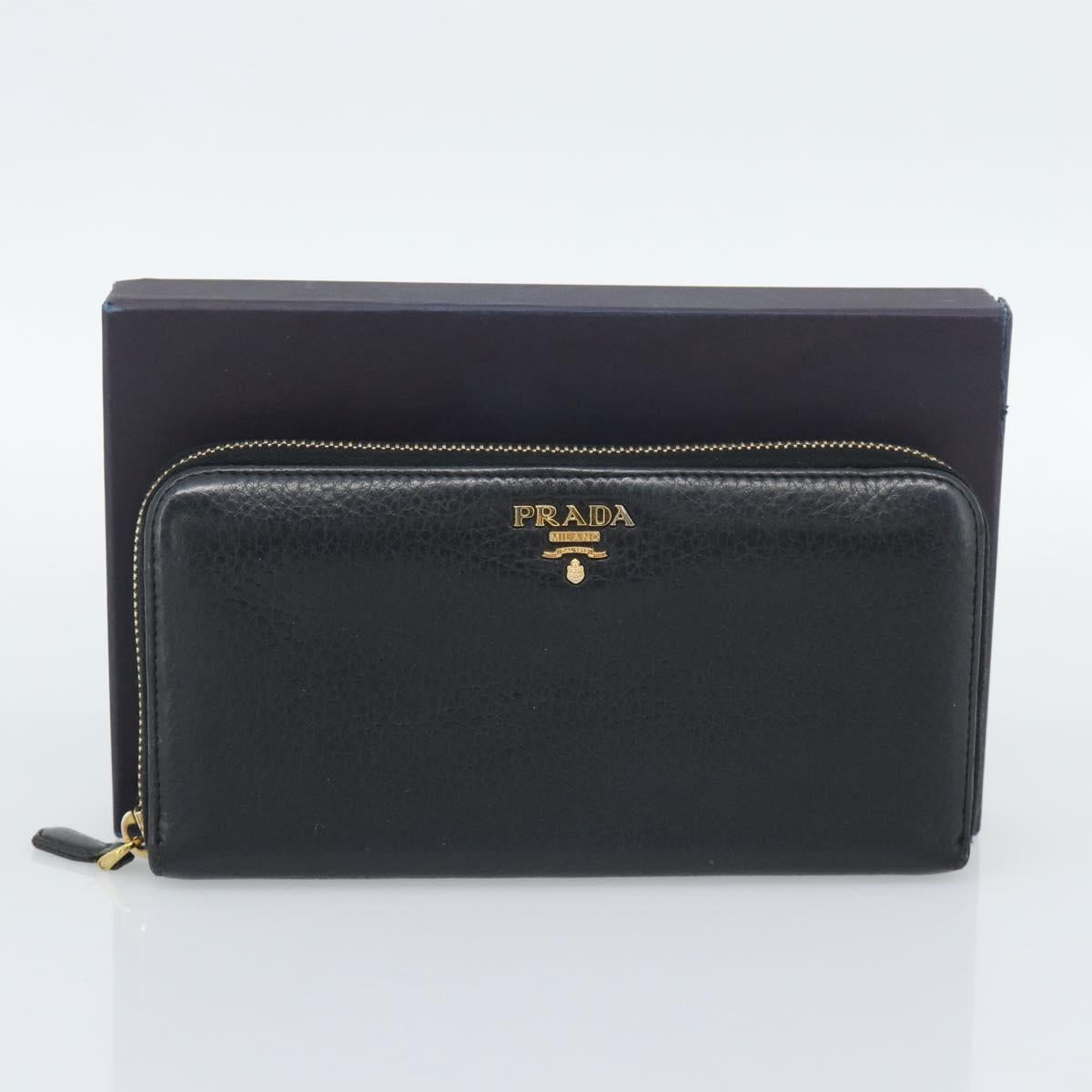 PRADA Long Wallet Leather Black Gold Auth bs36598