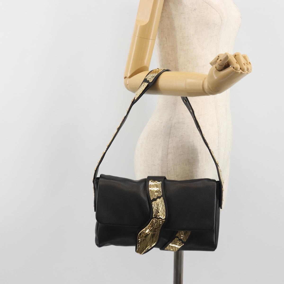 VALENTINO Shoulder Bag Leather Black Gold Auth bs36611V