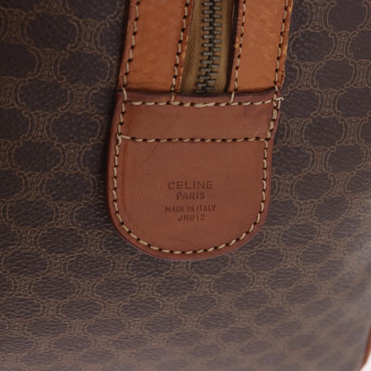 CELINE Macadam Canvas Boston Bag PVC Leather Brown Gold Auth bs36612