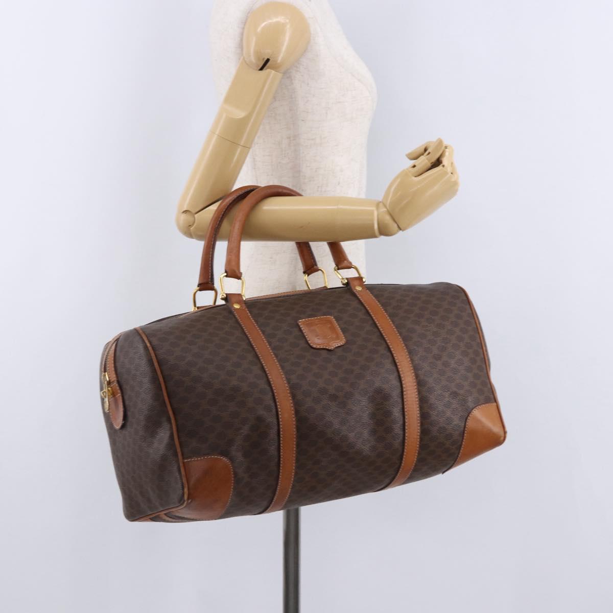 CELINE Macadam Canvas Boston Bag PVC Leather Brown Gold Auth bs36612