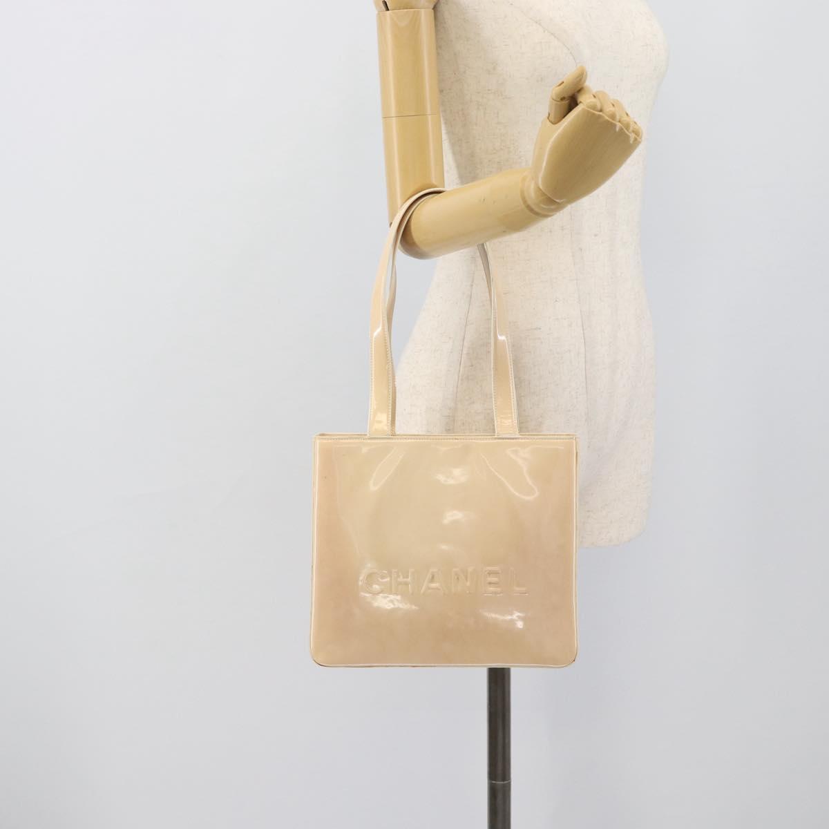 CHANEL Tote Bag Patent leather Ivory Gold CC Auth bs36616