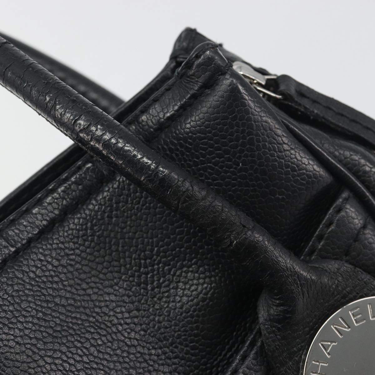 CHANEL Choco Bar Line Hand Bag Leather Black Silver CC Auth bs36617
