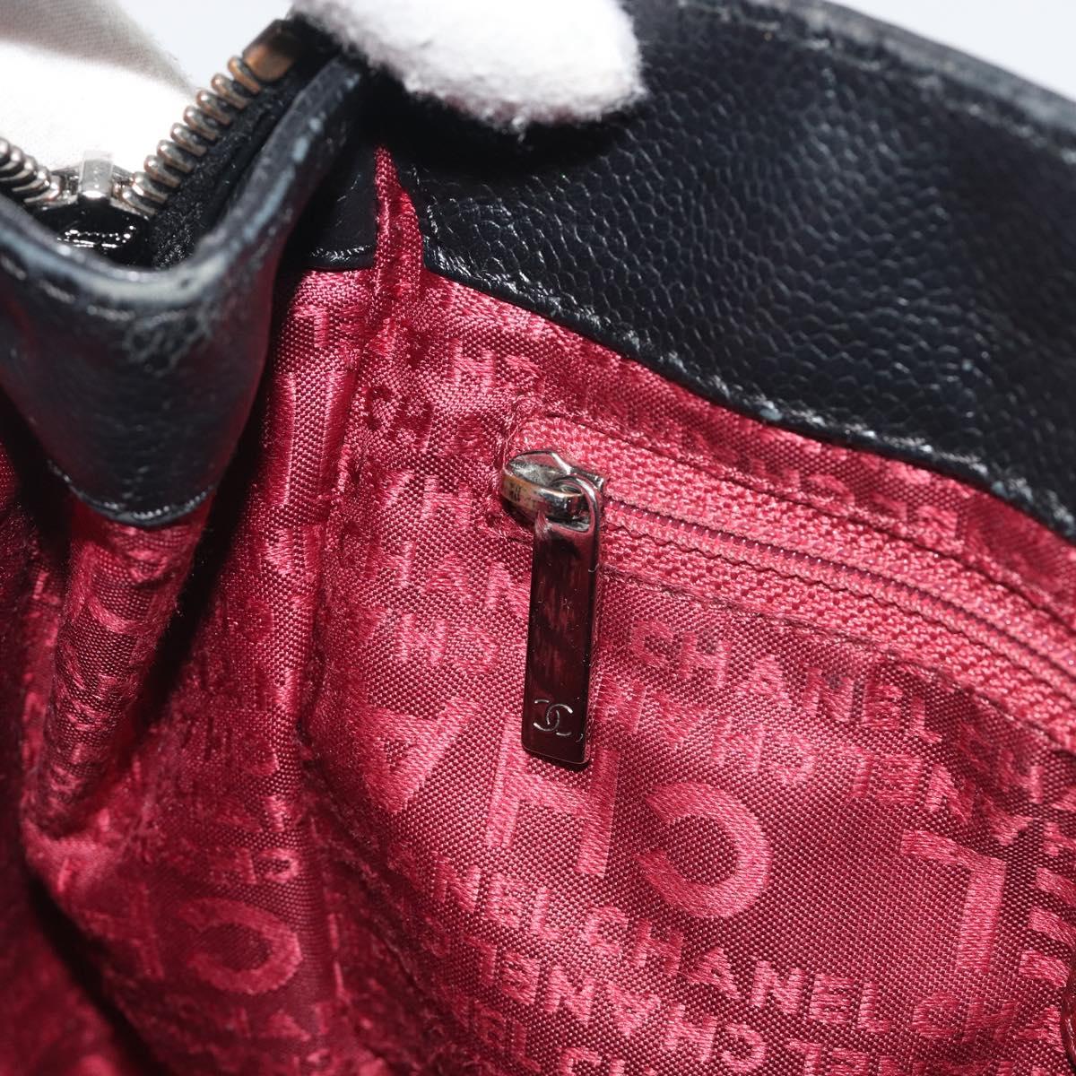 CHANEL Choco Bar Line Hand Bag Leather Black Silver CC Auth bs36617
