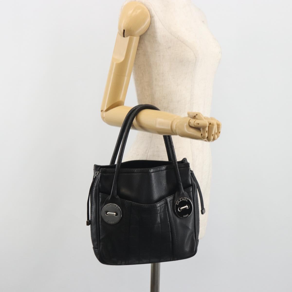 CHANEL Choco Bar Line Hand Bag Leather Black Silver CC Auth bs36617