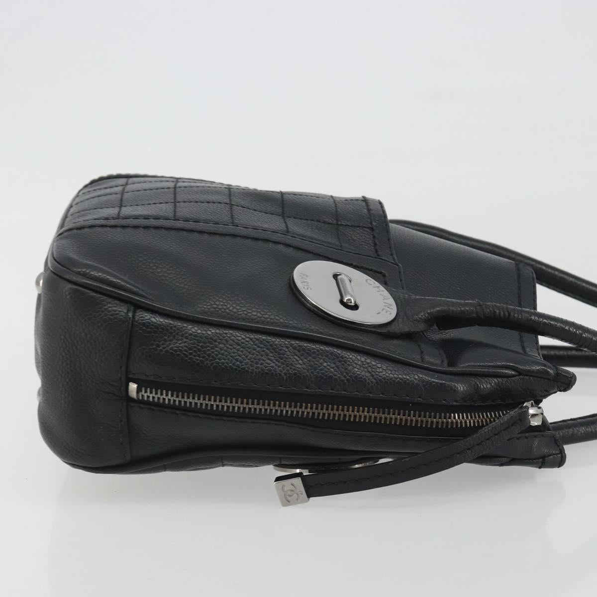 CHANEL Choco Bar Line Hand Bag Leather Black Silver CC Auth bs36617