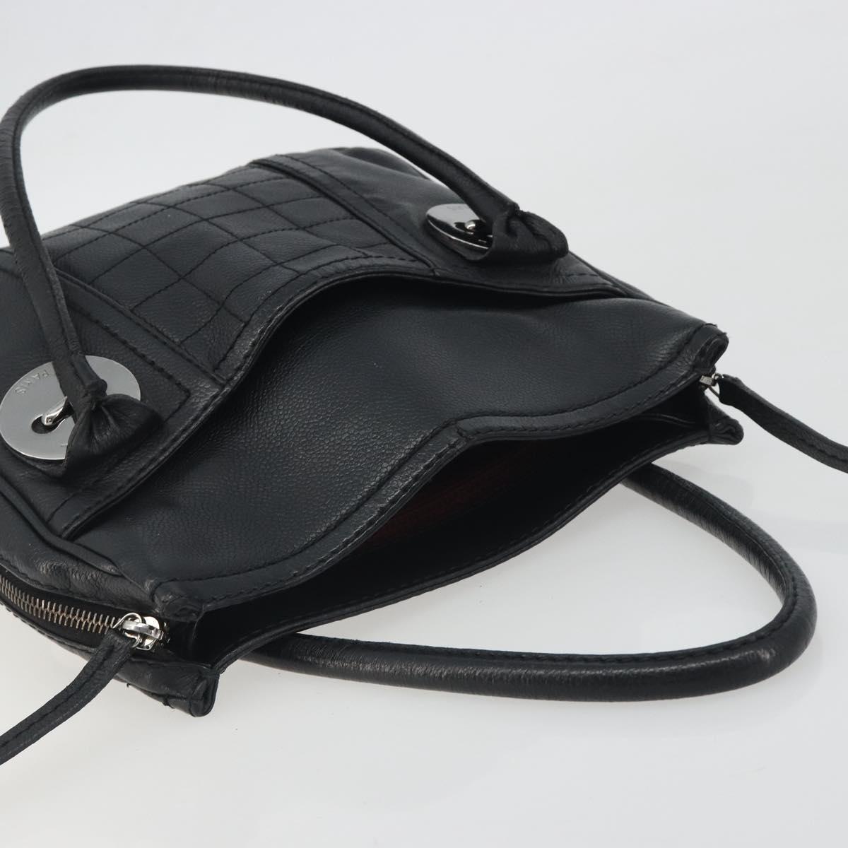 CHANEL Choco Bar Line Hand Bag Leather Black Silver CC Auth bs36617