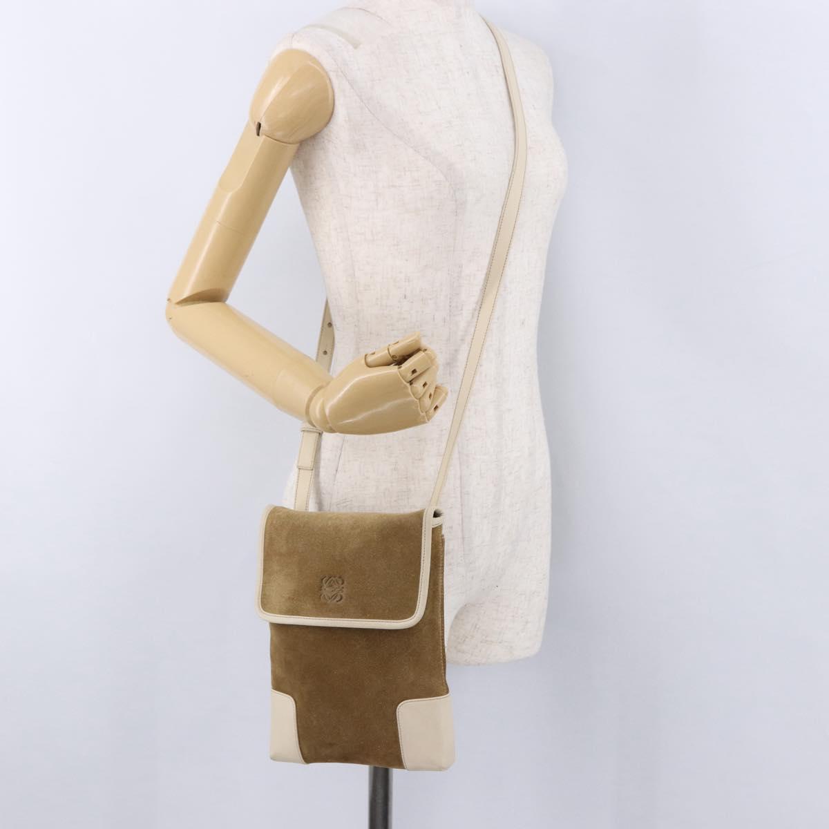 LOEWE Shoulder Bag Suede Brown Gold Auth bs36625