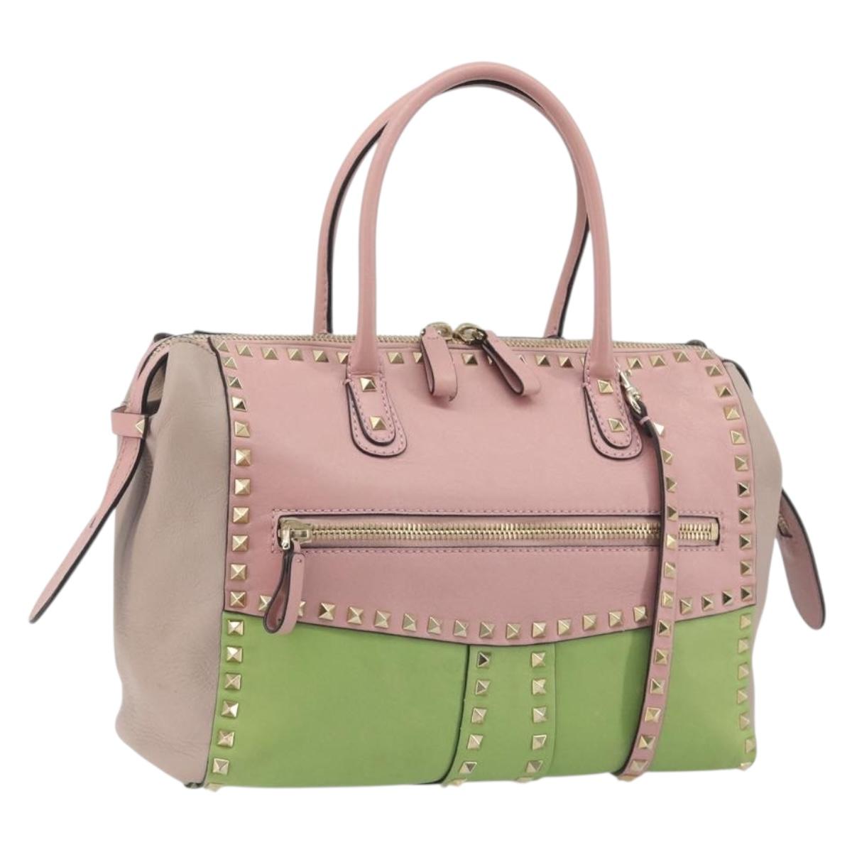 VALENTINO Rock Studs Hand Bag Leather 2way Pink Gold Auth bs36628A