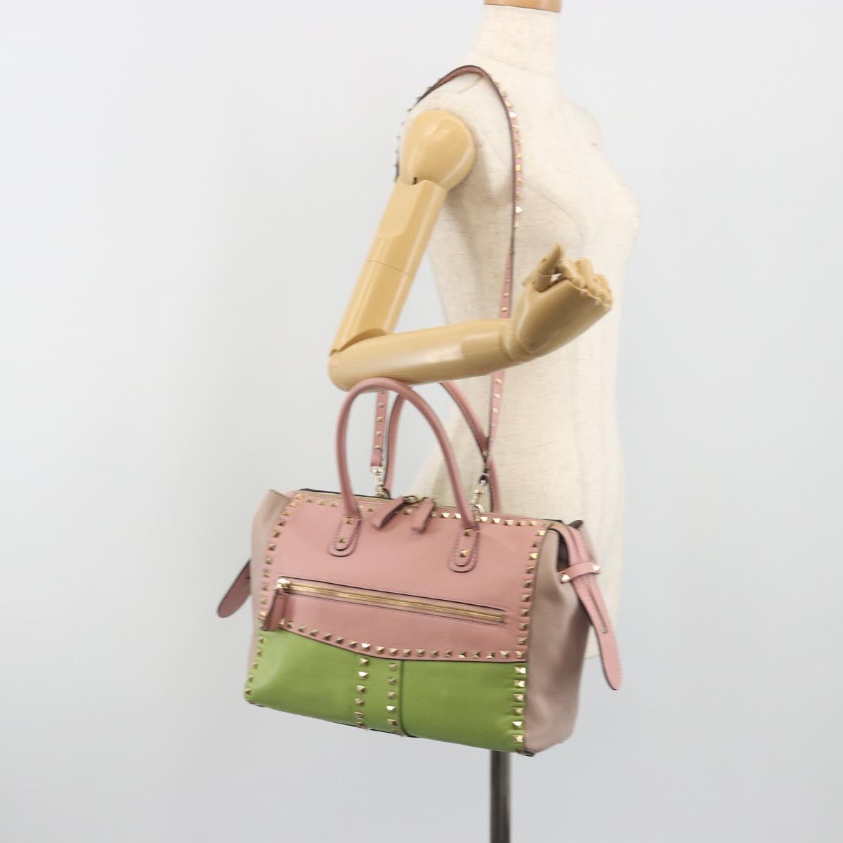VALENTINO Rock Studs Hand Bag Leather 2way Pink Gold Auth bs36628A