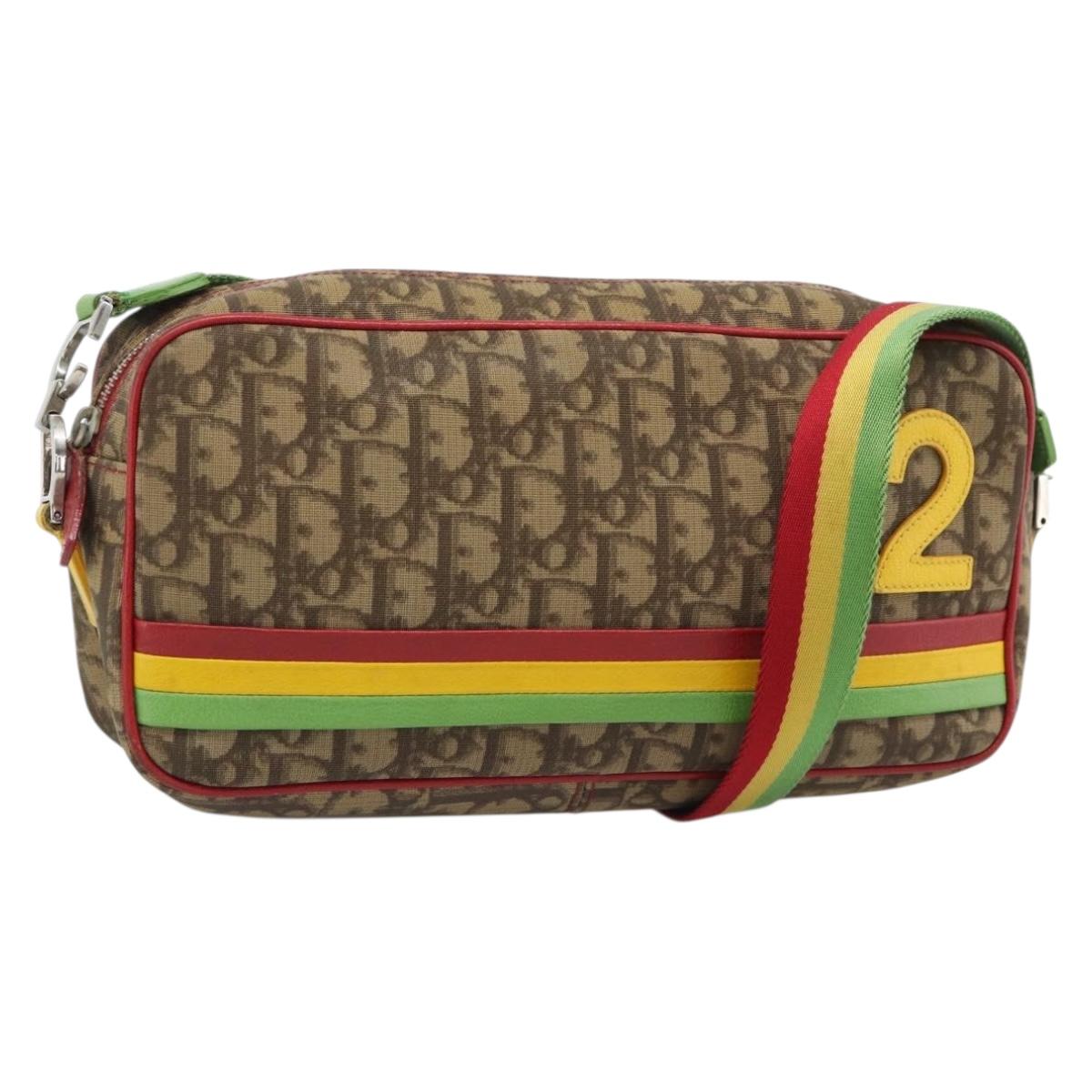 Christian Dior Trotter Canvas Rasta Color Bag PVC Brown Silver Auth bs36632