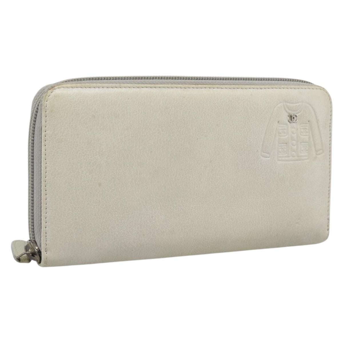 CHANEL Long Wallet Leather Ivory Silver CC Auth bs36634