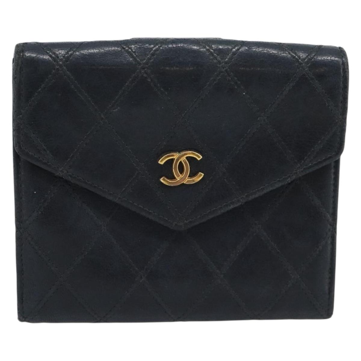 CHANEL Bicolore Bifold Wallet Lamb Skin Black CC Auth bs36637