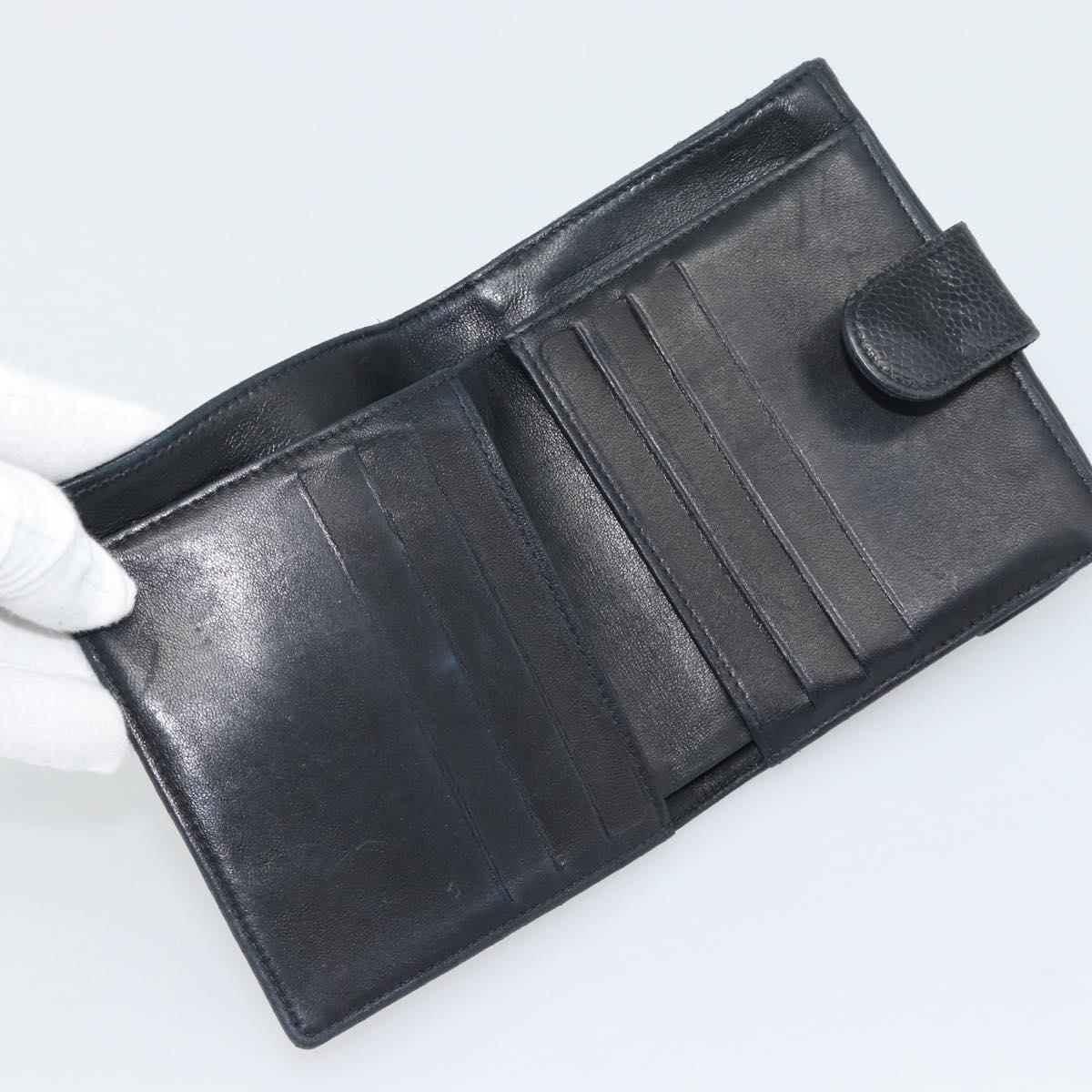 CHANEL COCO Mark Bifold Wallet Caviar Skin Black Gold CC Auth bs36638