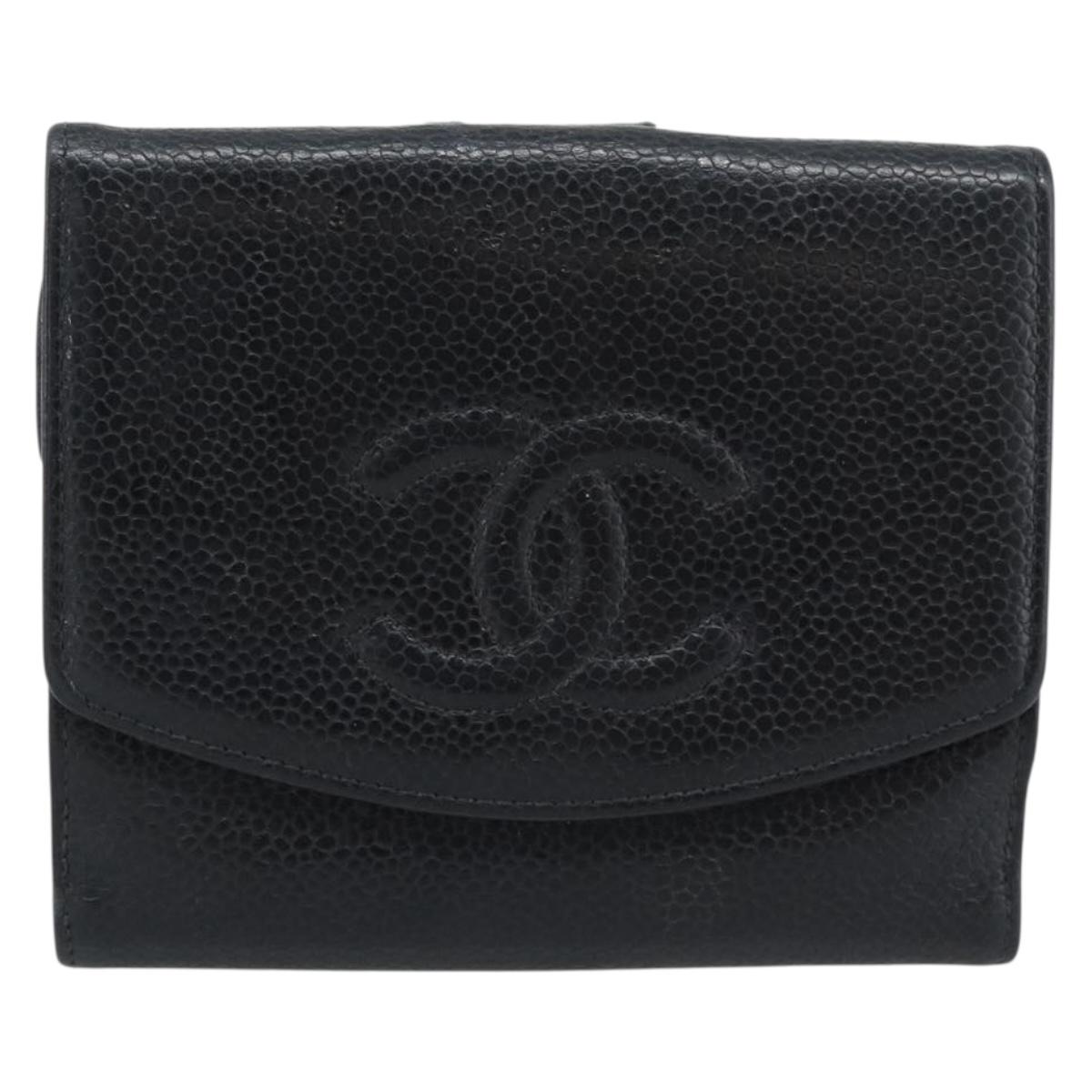 CHANEL COCO Mark Bifold Wallet Caviar Skin Black Gold CC Auth bs36638