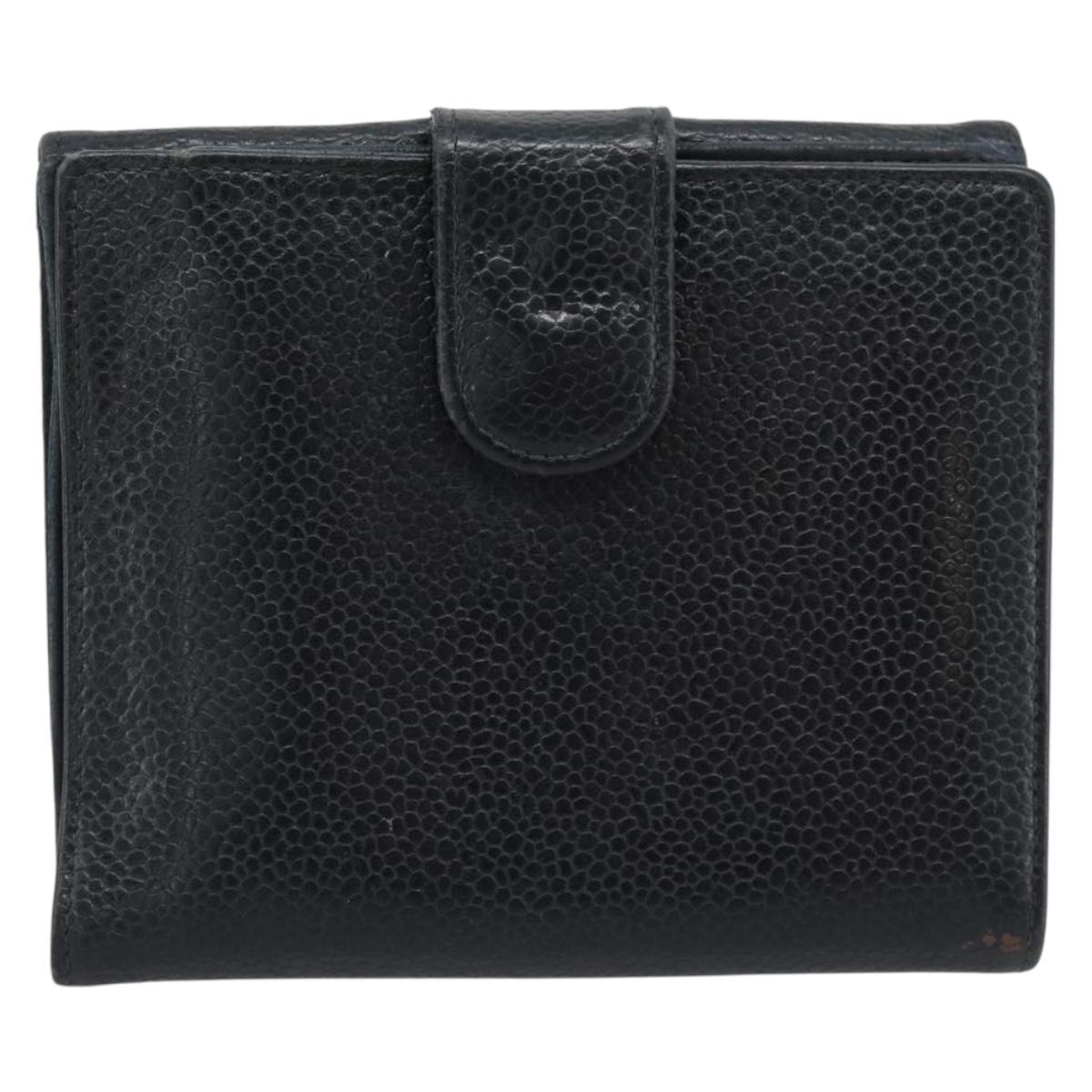CHANEL COCO Mark Bifold Wallet Caviar Skin Black Gold CC Auth bs36638