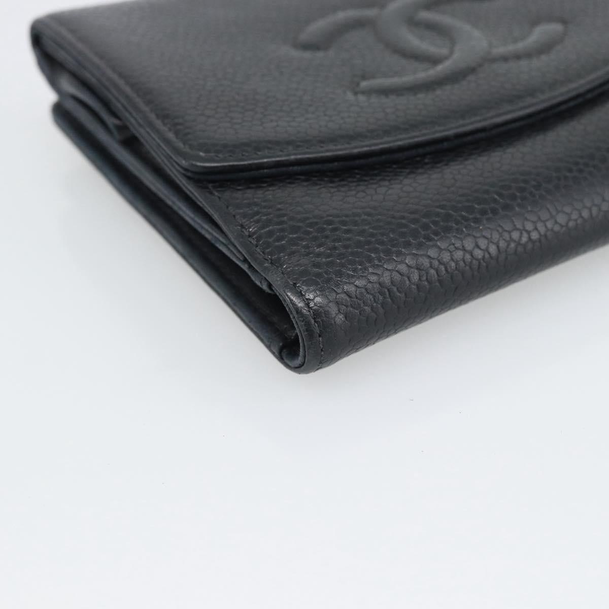 CHANEL COCO Mark Bifold Wallet Caviar Skin Black Gold CC Auth bs36638