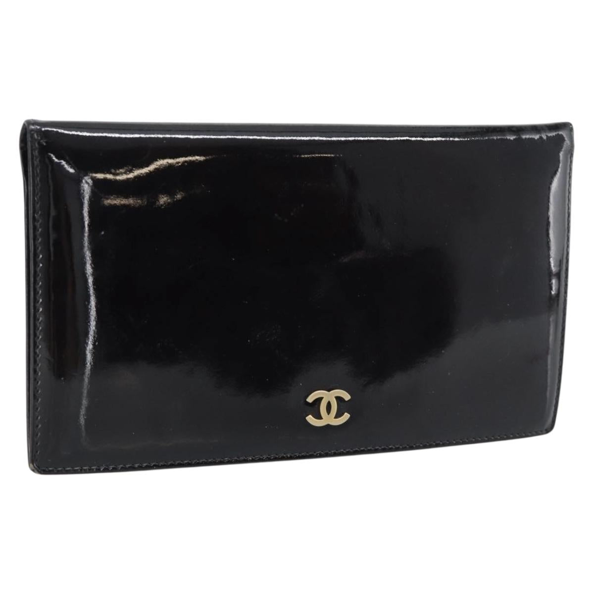 CHANEL Long Wallet Patent leather Black Gold CC Auth bs36639