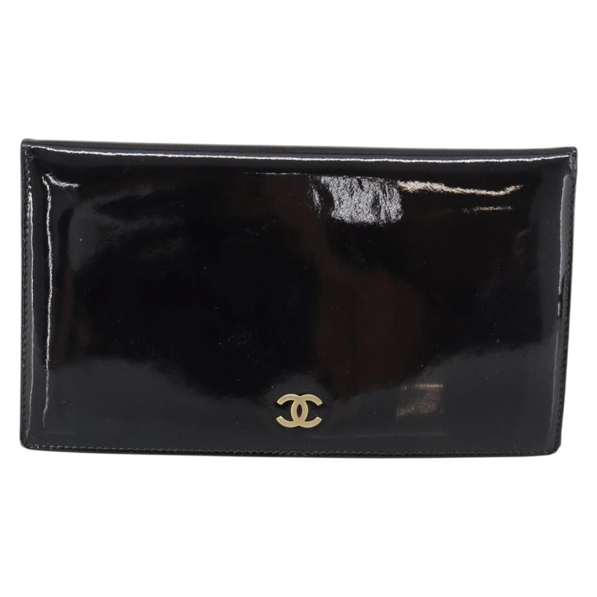 CHANEL Long Wallet Patent leather Black Gold CC Auth bs36639