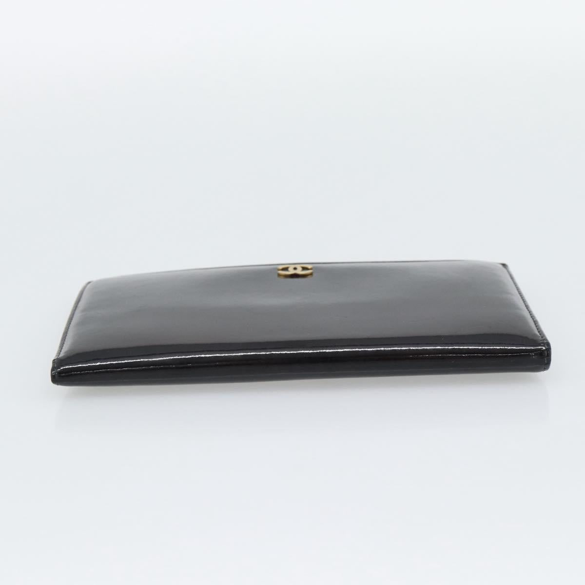 CHANEL Long Wallet Patent leather Black Gold CC Auth bs36639