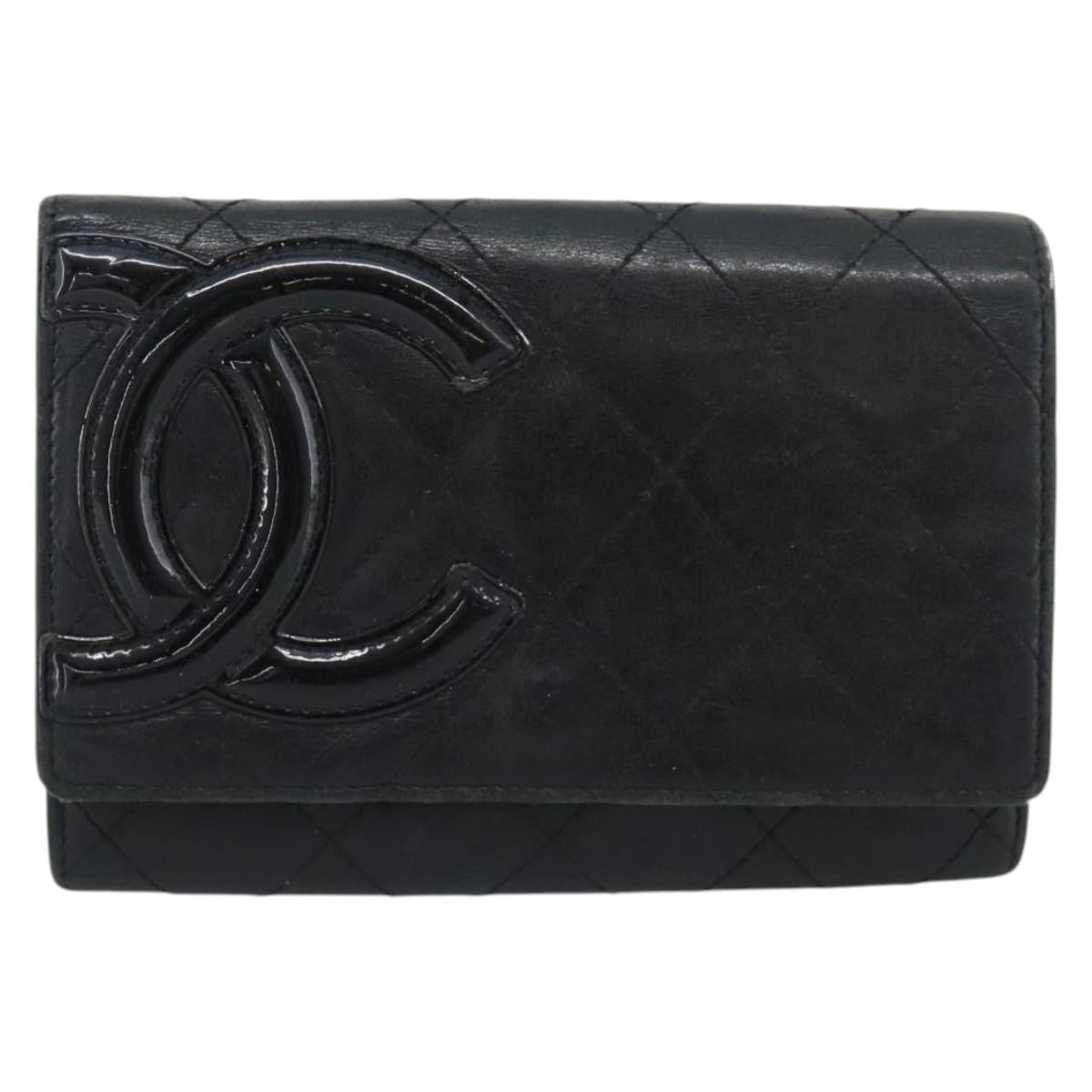 CHANEL Matelasse Cambon Line Wallet Leather Black Silver CC Auth bs36640