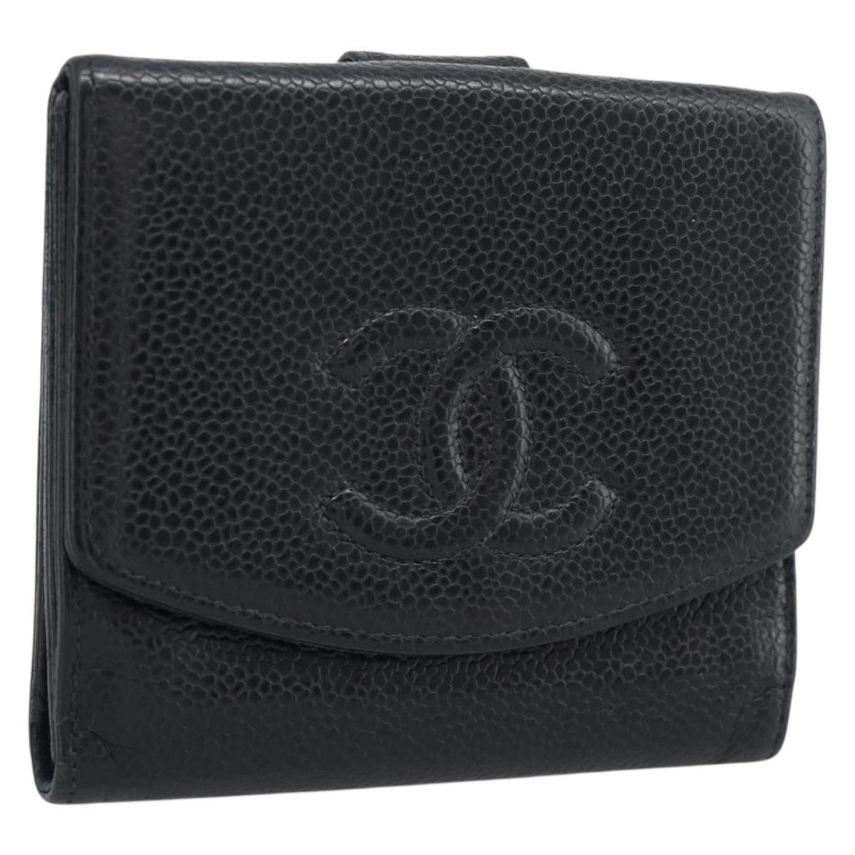 CHANEL COCO Mark Bifold Wallet Caviar Skin Black Gold CC Auth bs36643